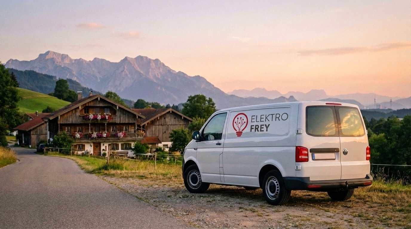 Service-Fahrzeug von Elektro Frey in oberbayerischer Landschaft mit Alpenblick