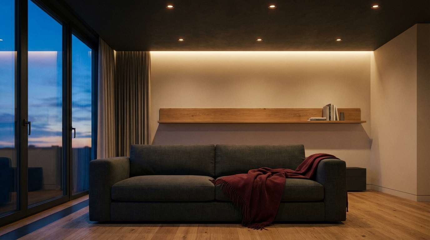 Modernes Wohnzimmer mit warmer LED-Beleuchtung
