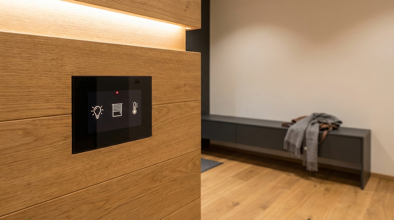 KNX Smart-Home Touch-Panel in Eichenholz-Wand